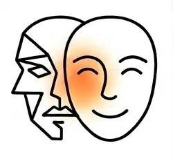 Prosta grafika liniowa przedstawiająca dwie nałożone na siebie maski lub twarze. Z tyłu widoczna jest ostro zarysowana, geometryczna twarz o smutnym lub neutralnym wyrazie, natomiast na pierwszym planie znajduje się gładka, uśmiechnięta twarz z delikatnym, ciepłym, pomarańczowym rumieńcem w centralnej części.