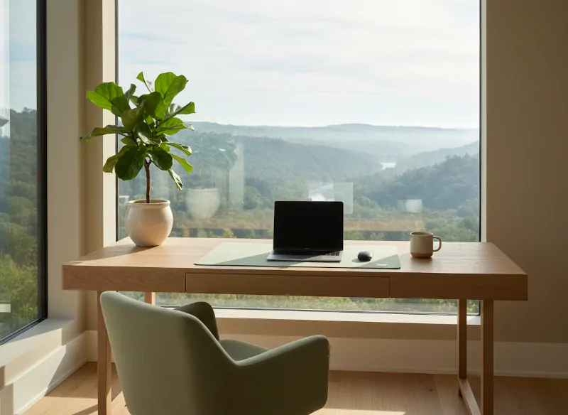 Nowoczesne biuro z dużym oknem panoramicznym wychodzącym na zielone wzgórza i las w mglisty dzień. Na drewnianym biurku stoi otwarty laptop na podkładce, myszka, kubek oraz roślina doniczkowa w białej donicy. Przed biurkiem stoi tapicerowany fotel w odcieniu zieleni.