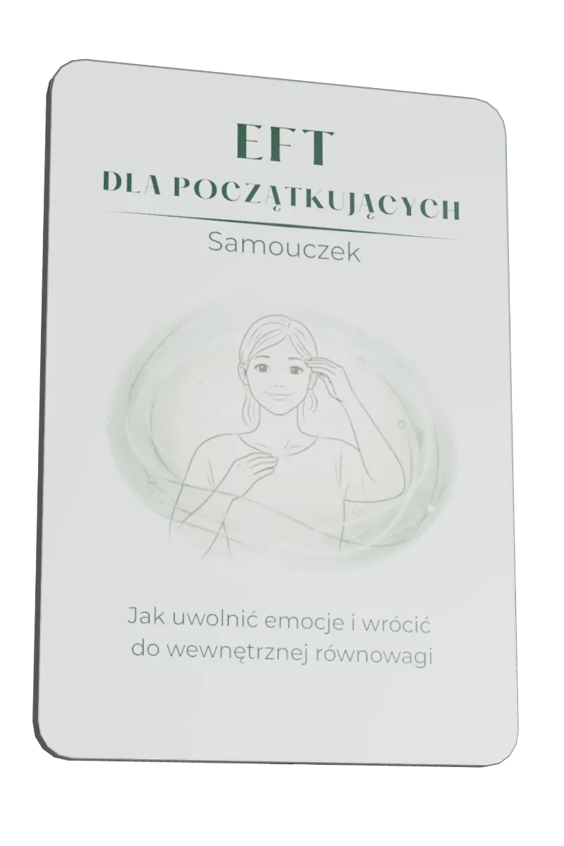 Okładka e-booka „EFT dla początkujących Samouczek” z ilustracją kobiety pokazującej technikę opukiwania, przedstawiona pod lekkim kątem
